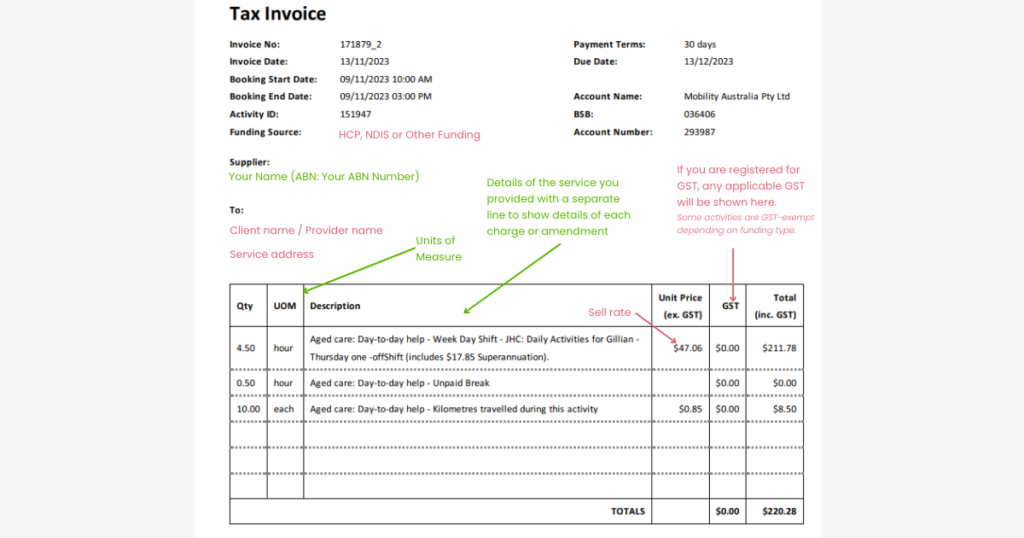 This image shows an example of the client invoice, with a breakdown of how your services are charged to the client and additional help text.